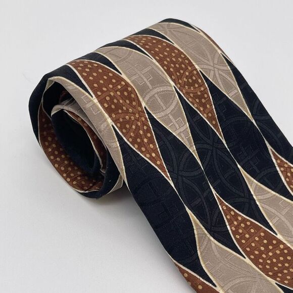 PRINCIPE Tie Men's 58” Multicolor Geometric 100% Silk Textured Black Brown Tan - Picture 2 of 10